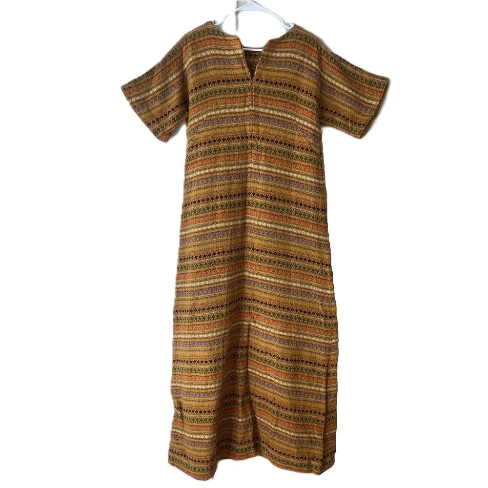 Vintage Woven Hippy Dress "Earth Mother" Caftan Maxi Retro 60s 70s Boho Ethnic